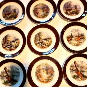 Vintage H&G Bavaria Elk Mountain Scene Serving Tray w 9 Wildlife Salad Plates‎